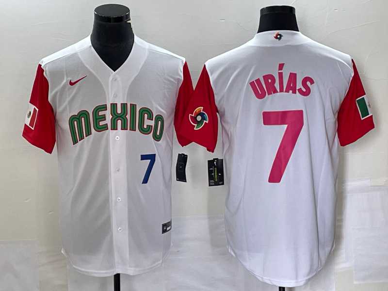 Men%27s Mexico Baseball #7 Julio Urias Number 2023 White Red World Classic Stitched Jersey 28